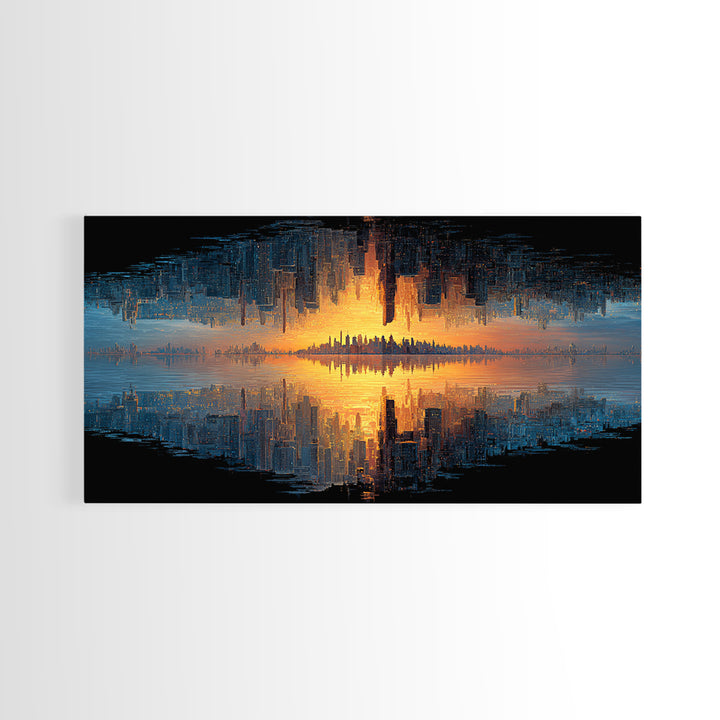 Abstract Cityscape Digital Painting Featuring Inverted Skyline And Sunset Reflection, Canvas Print For Modern Wall Art And Home Decor