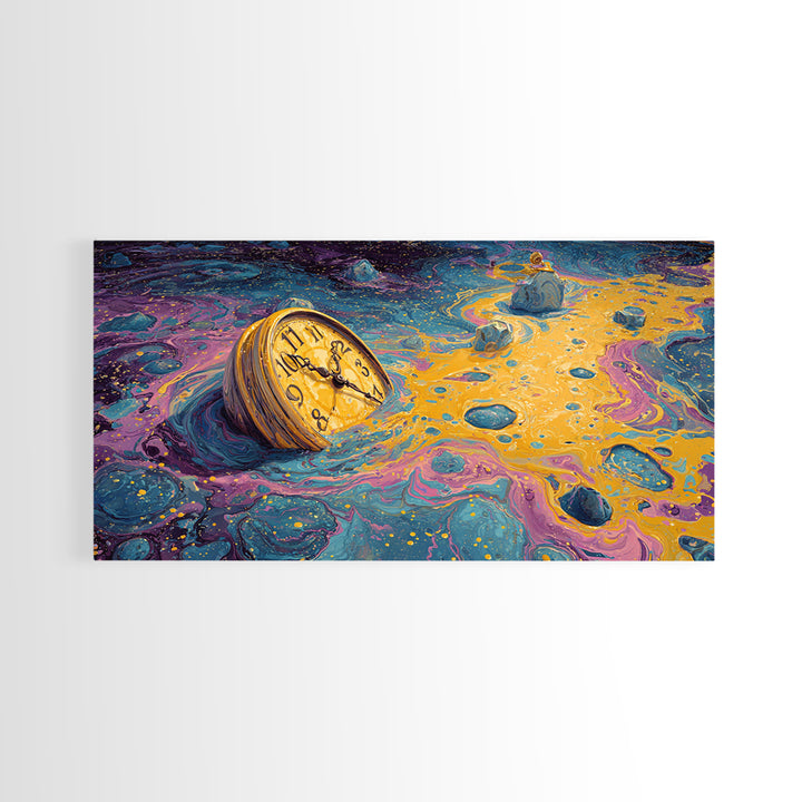 Surreal Abstract Time Melting Clock In Vibrant Blue And Gold Swirling Colors Contemporary Wall Art Printed Canvas Print