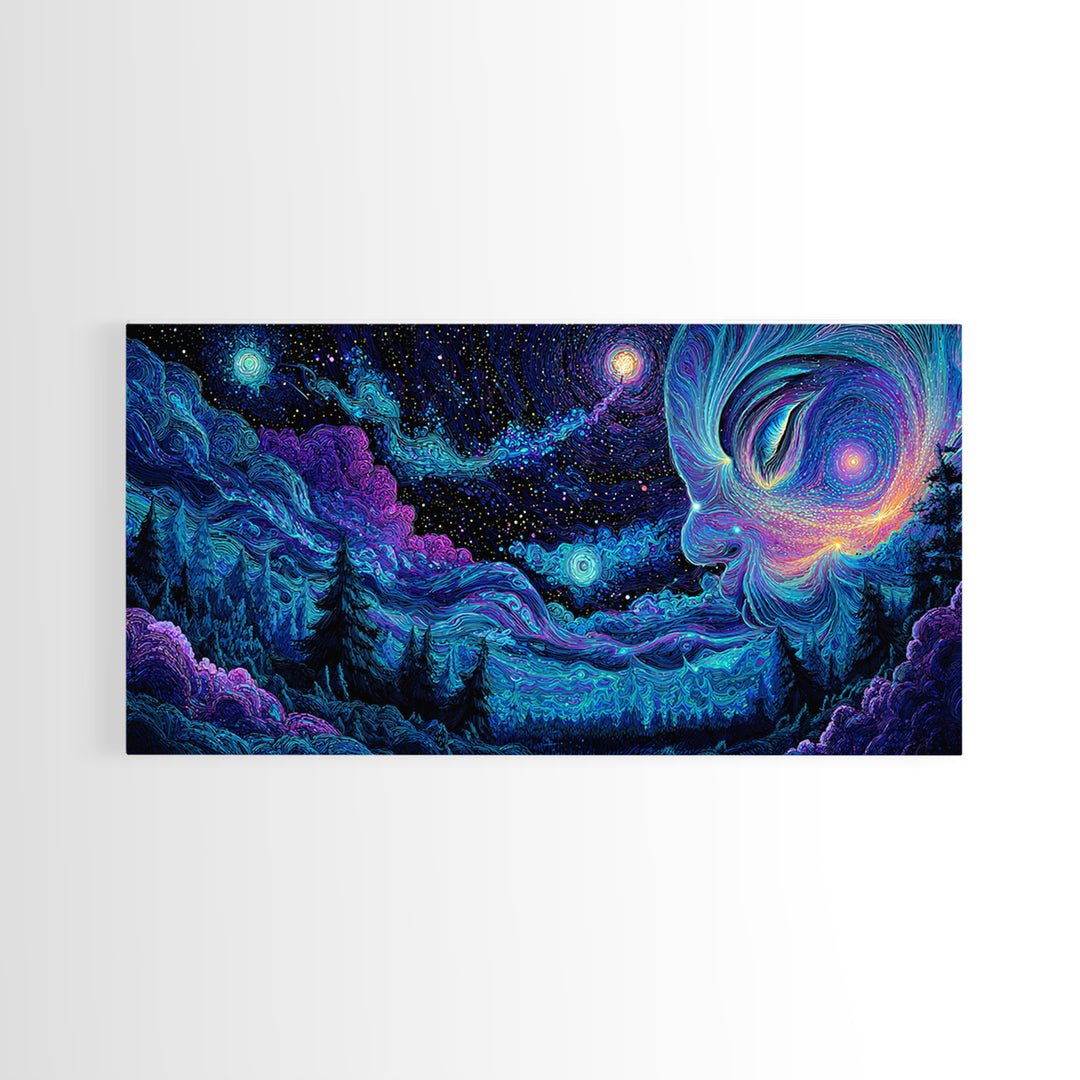 Enchanting Cosmic Blue Night Sky With Celestial Woman Figure Painting, Mystical Wall Art, Canvas Print For Spiritual and Meditation Decor
