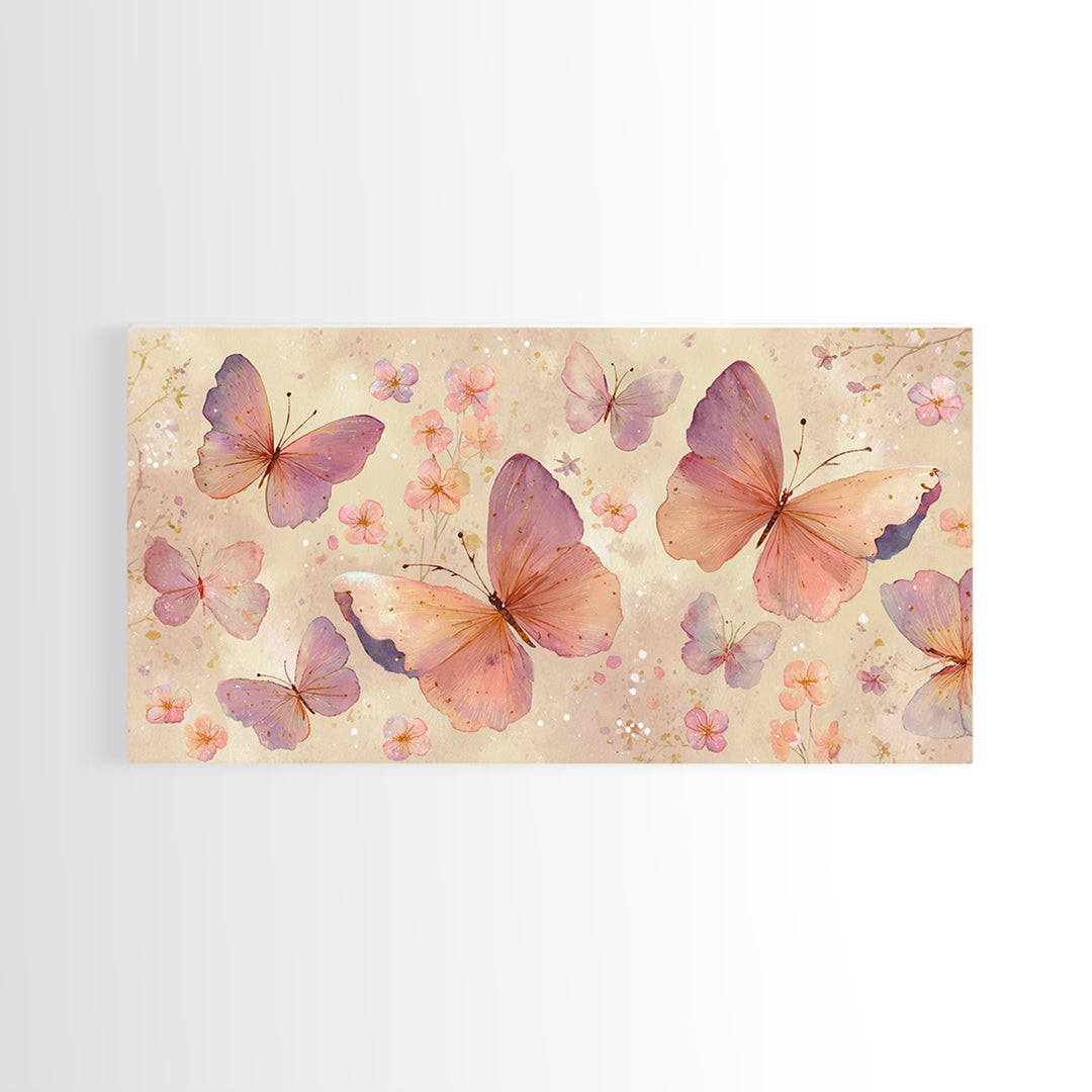 Blush Pink Butterflies And Tiny Flowers Wall Art, Pastel Canvas Print, Whimsical Nursery Bedroom Decor, Feminine Gift For Her