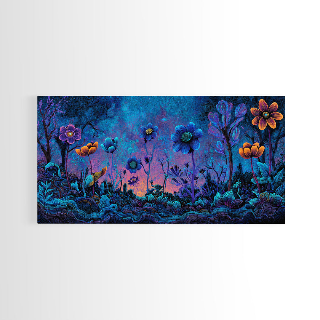 Whimsical Blue And Purple Flowers Digital Painting Vibrant Floral Wall Art Framed Canvas Print For Bedroom Or Living Room Decor