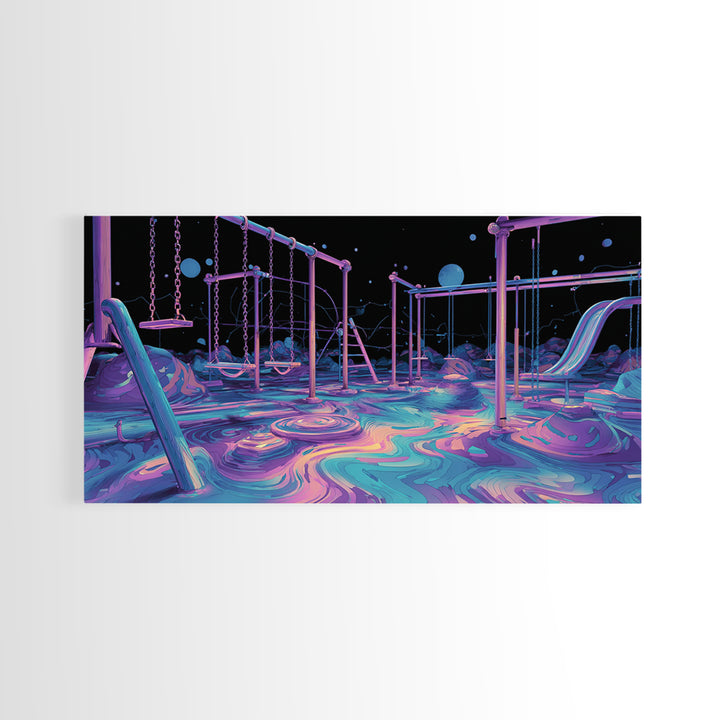 Surreal Neon Playground Illustration With Glowing Elements Wall Art Print, Vibrant Kids Room Decor, Modern Canvas Print