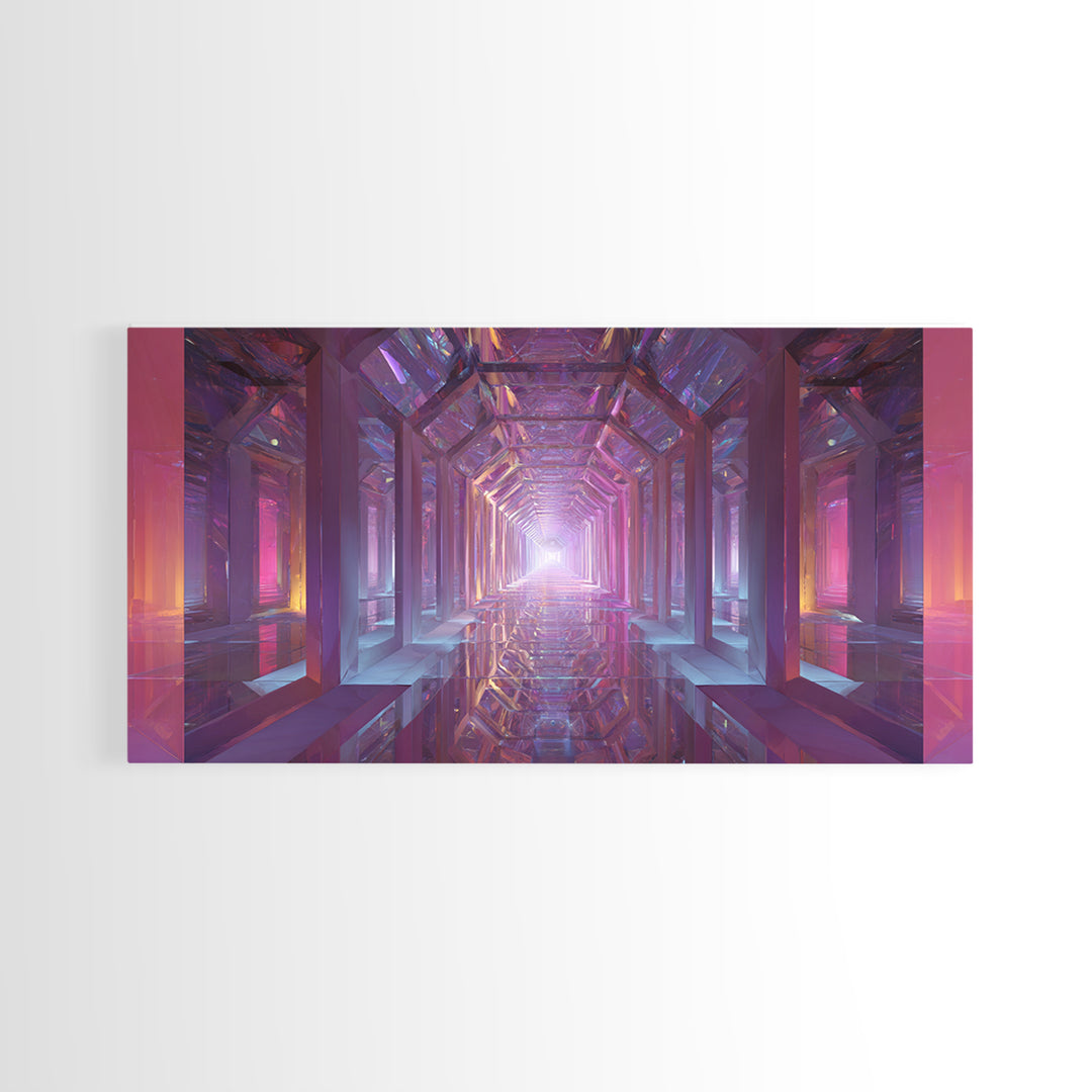 Futuristic Abstract Tunnel With Neon Lights And Mirrors Surreal Digital Art Wall Art Canvas Print