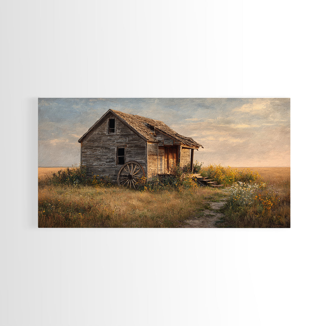 Rustic Abandoned Schoolhouse In Countryside Autumn Landscape Painting Wall Art Canvas Print For Farmhouse Décor