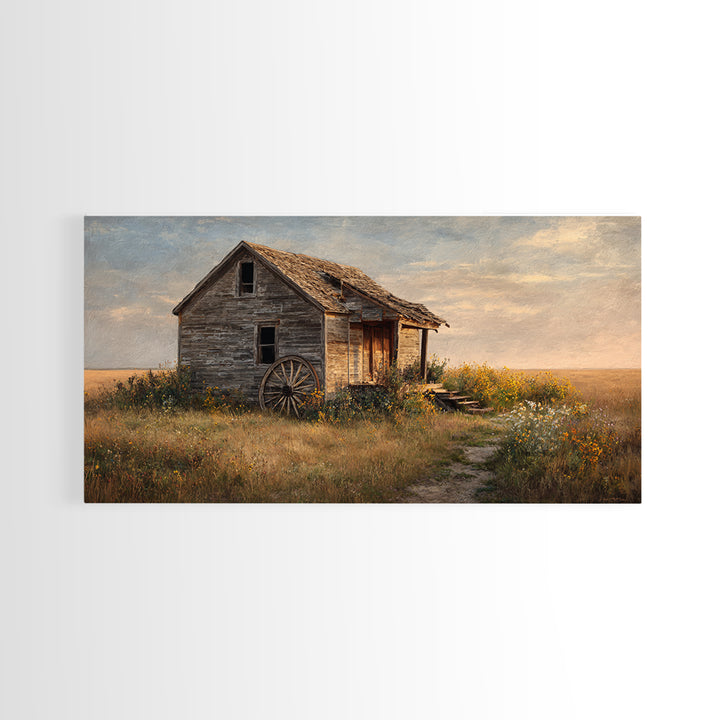 Rustic Abandoned Schoolhouse In Countryside Autumn Landscape Painting Wall Art Canvas Print For Farmhouse Décor