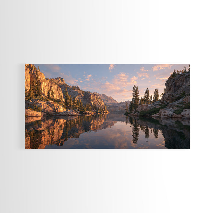 Golden Hour Mountain Lake Landscape With Reflection And Trees Framed Canvas Print Rustic Wall Art For Living Room Decor