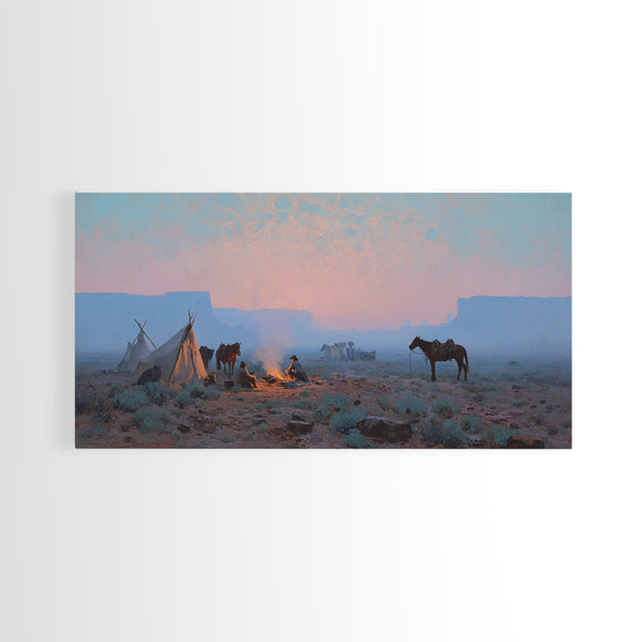 Rustic Cowboy Campfire Scene Oil Painting Wall Art Showcasing Western Lifestyle With Horses For Farmhouse Living Room Decor Framed Canvas Print