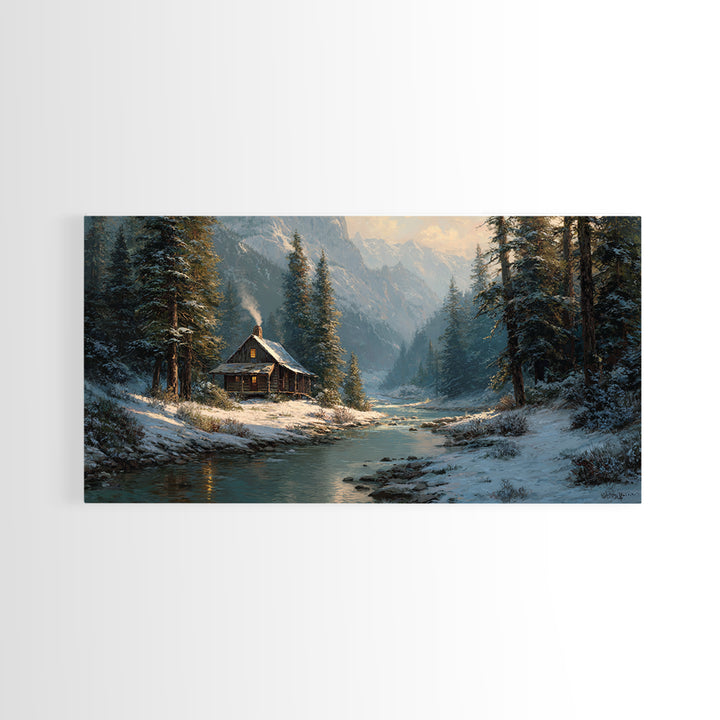 Rustic Winter Landscape Painting Of Cabin Beside Snowy Stream Large Wall Art Original Painting Canvas Print