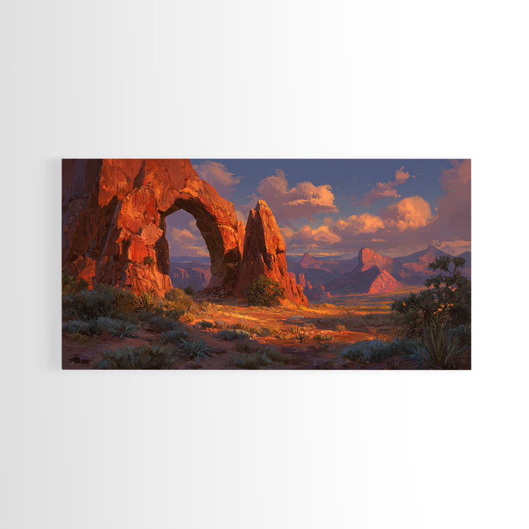 Sunlit Red Rock Arch In Desert Landscape Stunning Warm Tones Southwestern Wall Art For Living Room Decor Framed Canvas Print