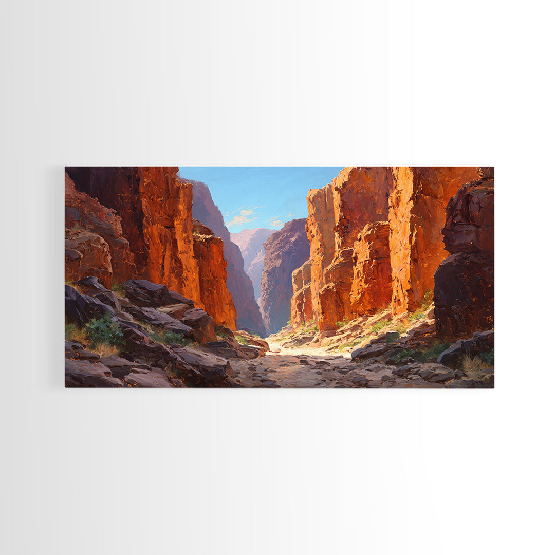 Majestic Canyon Landscape Oil Painting With Dramatic Cliff Sunlight And Shadows Large Wall Art Framed Canvas Print For Rustic Home Decor