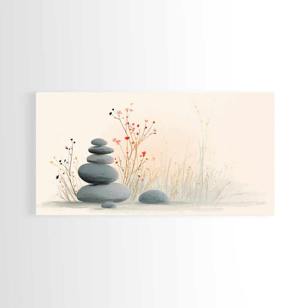 Stacked Zen Stones With Delicate Botanicals Wall Art, Minimalist Spa Decor, Calming Meditation Room Canvas Print, Neutral Home Decor
