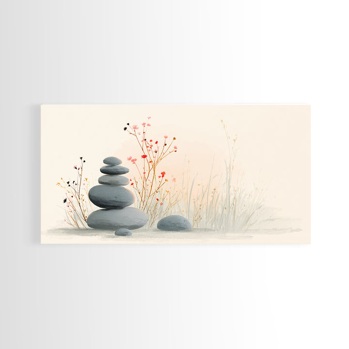 Stacked Zen Stones With Delicate Botanicals Wall Art, Minimalist Spa Decor, Calming Meditation Room Canvas Print, Neutral Home Decor
