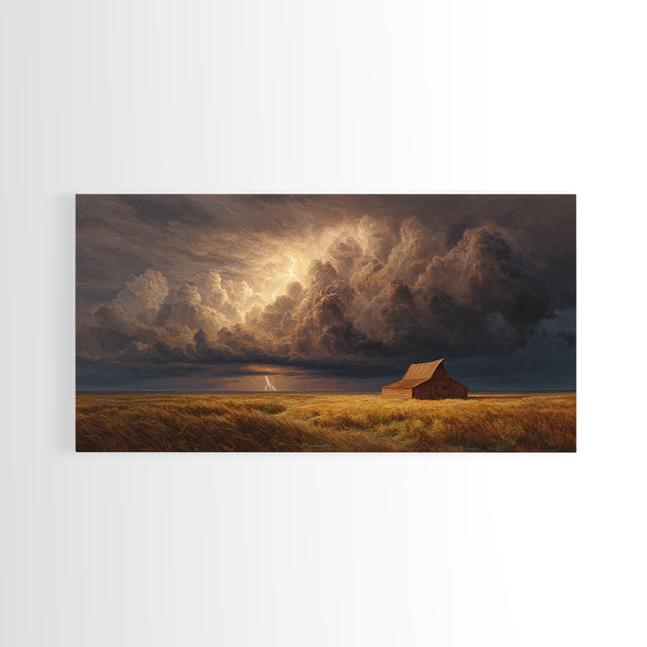 Dramatic Prairie Storm With Lightning Over Barn Large Wall Art Oil Painting Canvas Print Rustic Decor