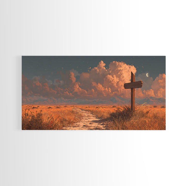 Tranquil Desert Landscape Sunlit Path With Cross Wall Art Sunset Painting Canvas Print Home Decor