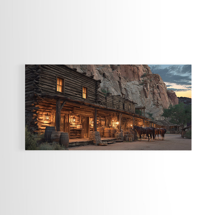 Historic Old Western Log Cabin With Horses At Dusk Wall Art Framed Canvas Print For Rustic Home Décor