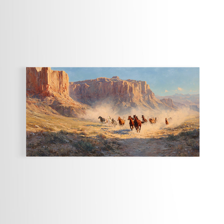 Dramatic Wild Horses Running Across Dusty Plains Majestic Western Landscape Wall Art Canvas Print for Rustic Home Decor