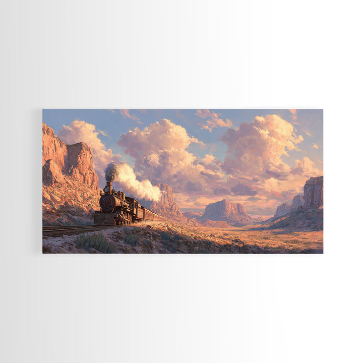 Vintage Steam Locomotive Train Crossing Desert Canyon Landscape Painting Canvas Print Rustic Wall Art