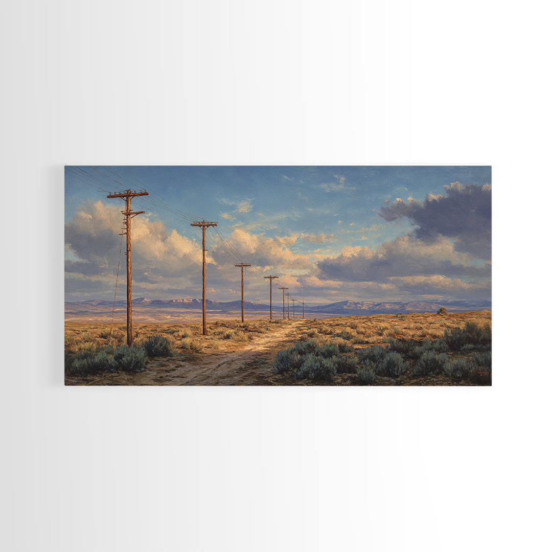 Desert Landscape With Power Poles Under Dramatic Sky Oil Painting Large Wall Art For Home Decor