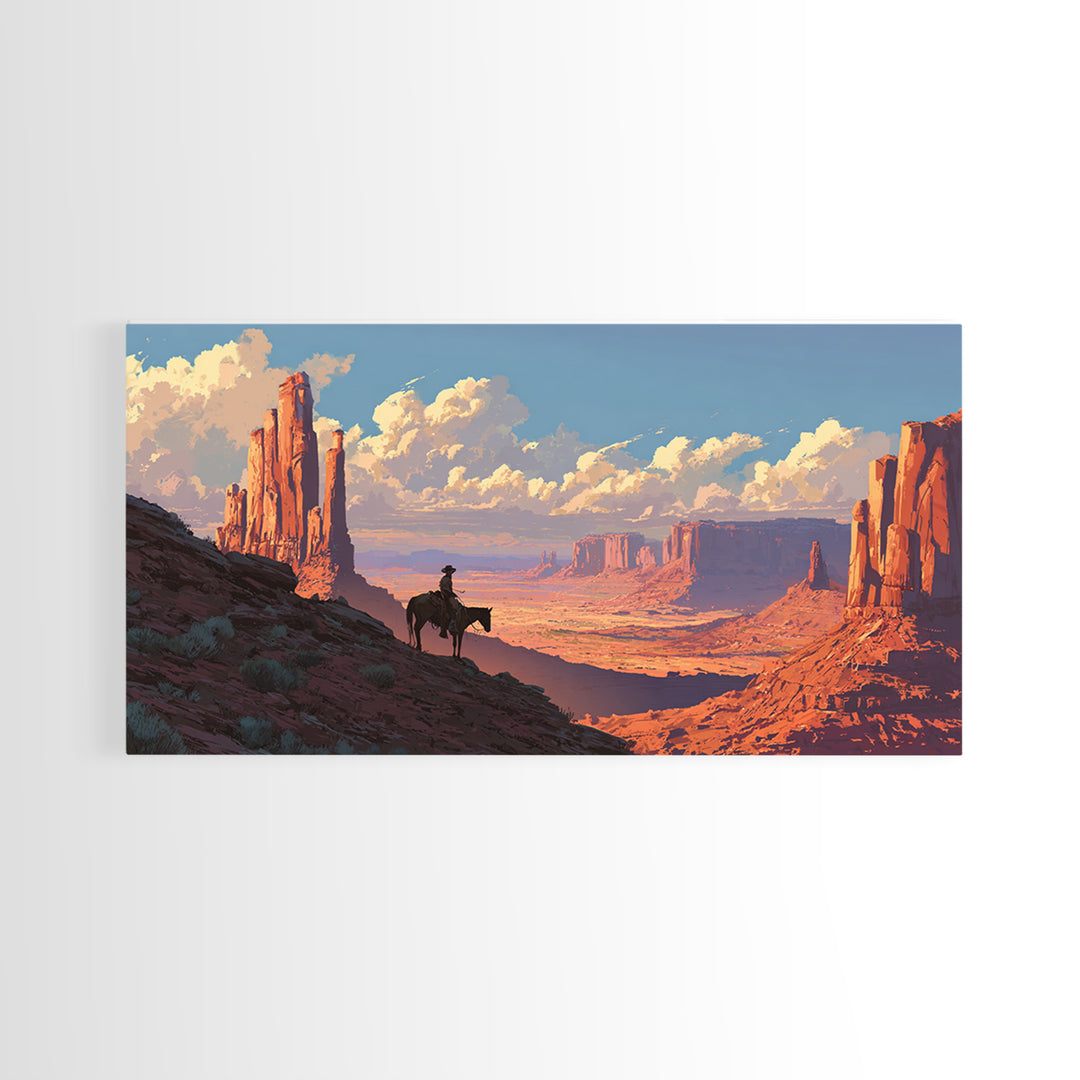 Cowboy On Horse Overlooking Majestic Red Rock Canyon Landscape Wall Art Framed Canvas Print For Rustic Home Decor