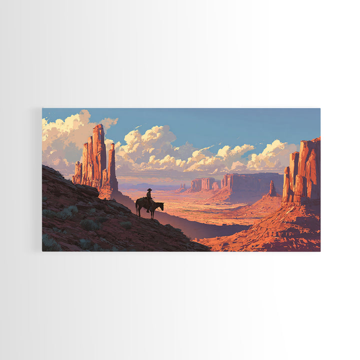Cowboy On Horse Overlooking Majestic Red Rock Canyon Landscape Wall Art Framed Canvas Print For Rustic Home Decor