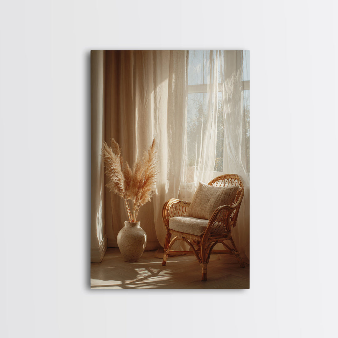 Sunlit Rattan Chair With Pampas Grass Framed Canvas Print, Boho Wall Art, Neutral Home Decor, Cozy Bedroom Wall Decor Print
