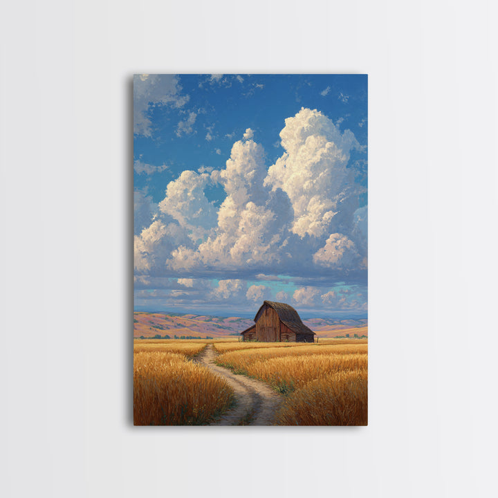 Quiet Serenity Of Rustic Barn In Golden Field Under Expansive Sky Wall Art Framed Canvas Print