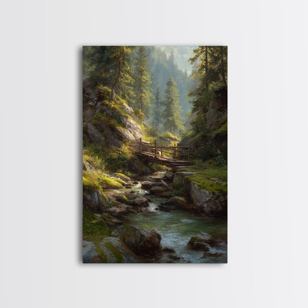 Peaceful Forest Stream Landscape Oil Painting With Bridge And Sunlight Fine Art Print Wall Art