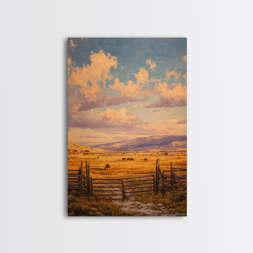 Classic Rural Landscape Oil Painting Rustic Farmhouse Scene With Fence And Cows Large Wall Art Framed Canvas Print