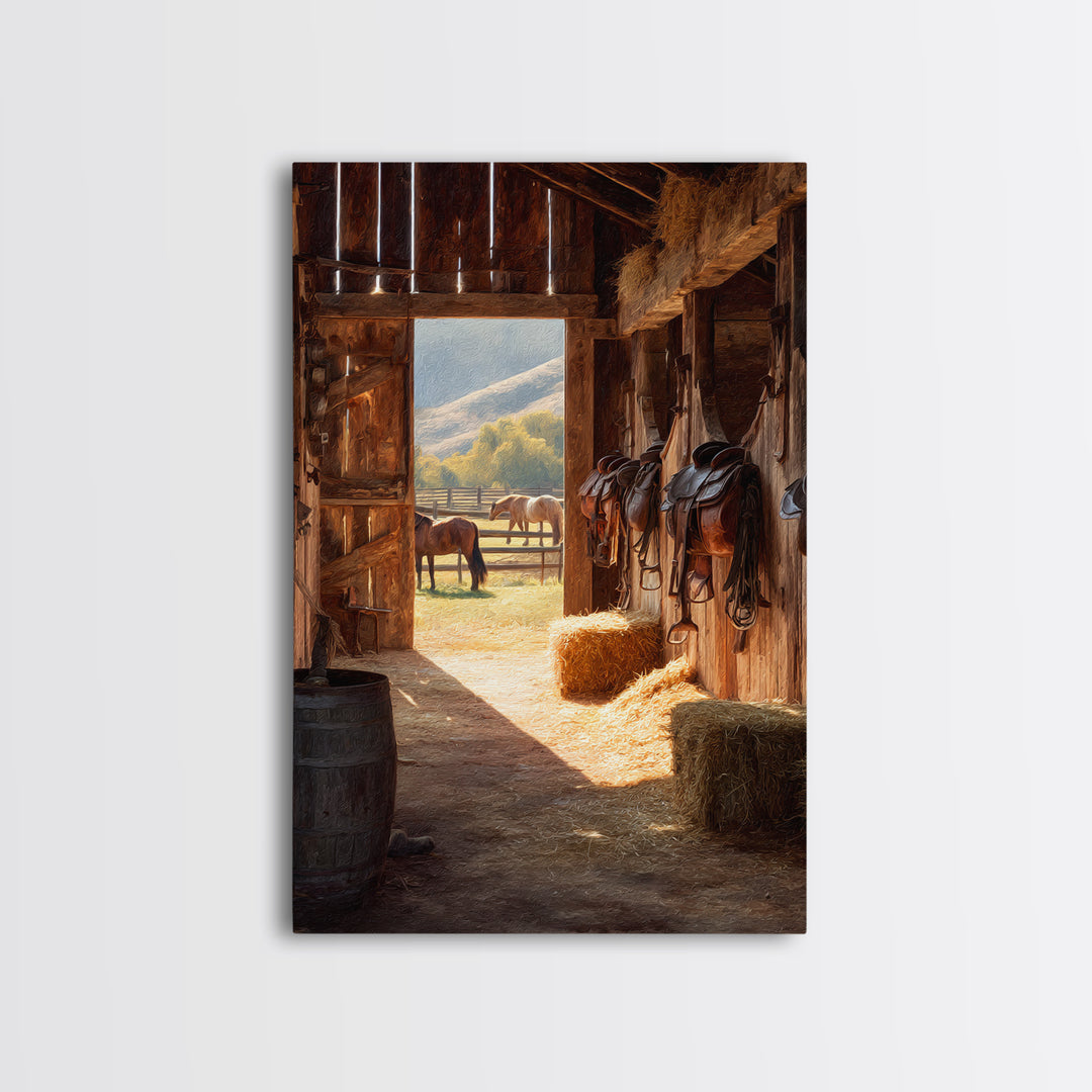 Warm Countryside Barn Interior With Horses Rustic Wall Art Framed Canvas Print Cozy Farmhouse Home Decor