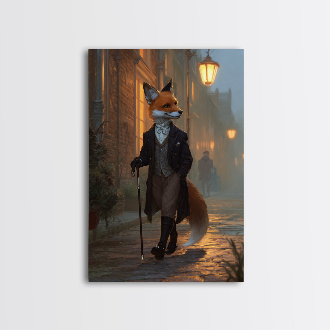 Victorian Fox Strolling Gaslit Street Wall Art, Dapper Animal Portrait, Dark Academia Decor, Whimsical Living Room Print