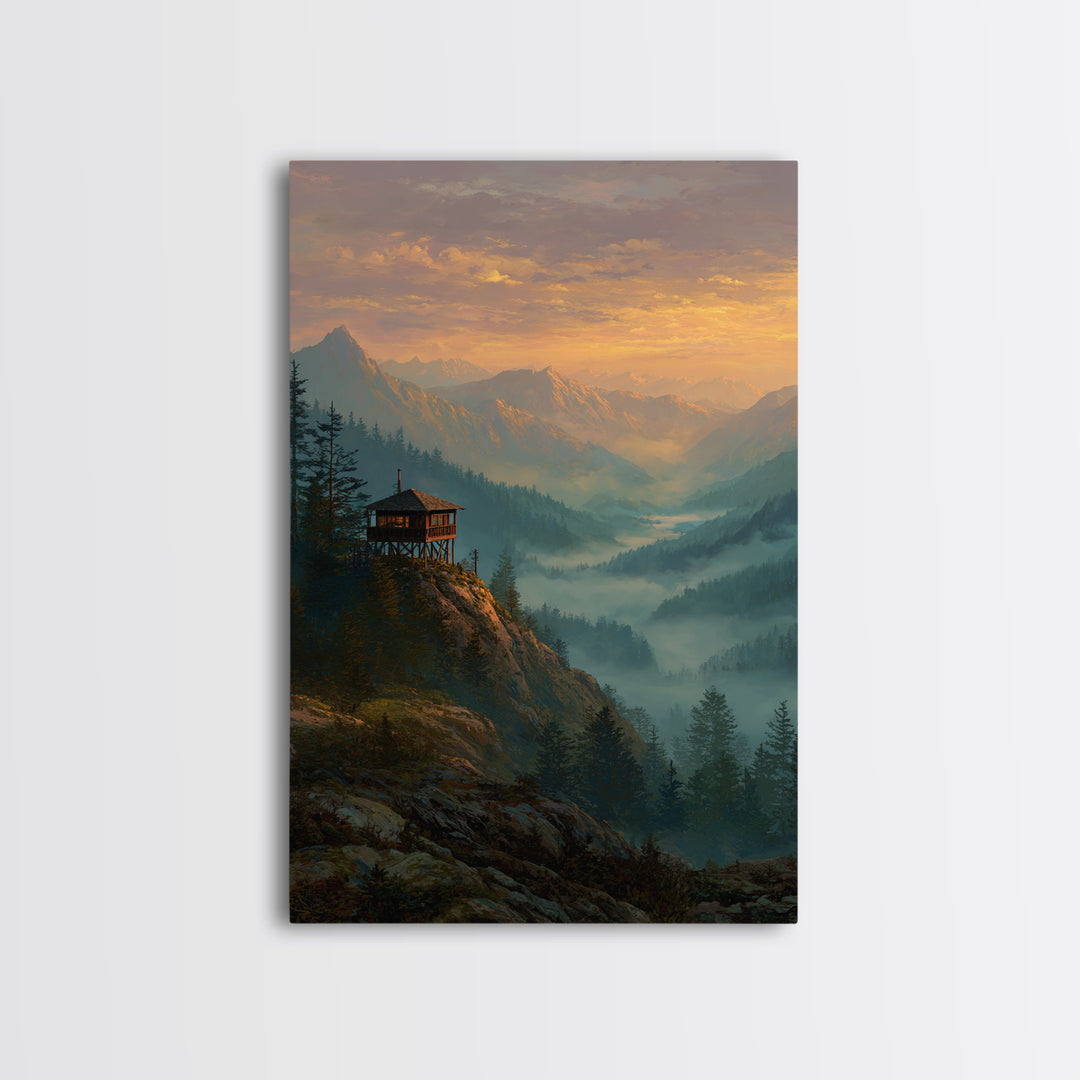 Serene Mountain Landscape At Sunset With Wooden Cabin Wall Art Framed Canvas Print For Living Room Decor