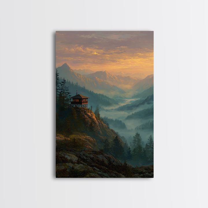 Serene Mountain Landscape At Sunset With Wooden Cabin Wall Art Framed Canvas Print For Living Room Decor