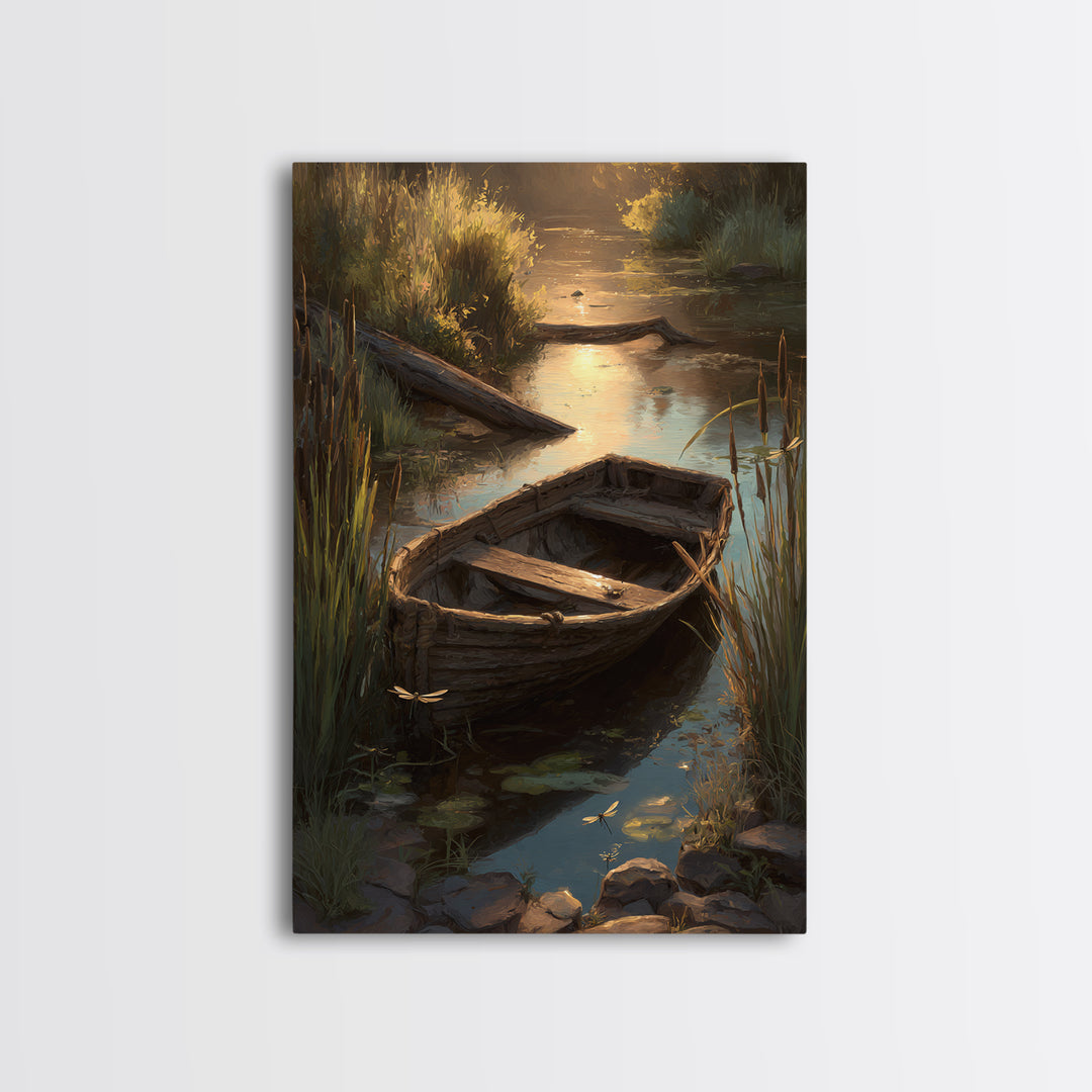 Serene Landscape Oil Painting Of Old Wooden Boat On Calm Water With Dragonflies Wall Art Framed Canvas Print