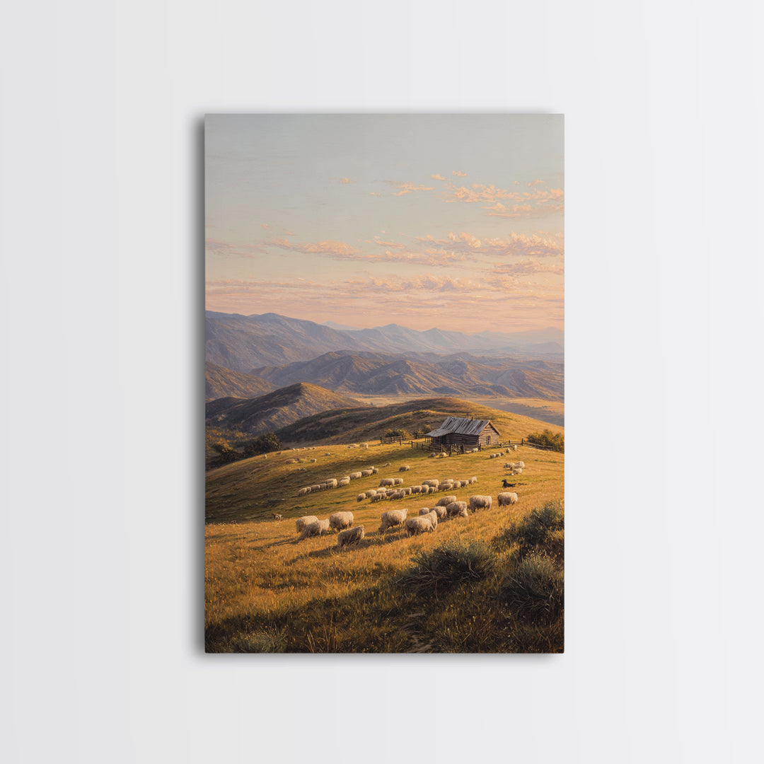Golden Pastoral Sheep Field Landscape Wall Art Canvas Print Large Rustic Home Decor Countryside Painting Original Art