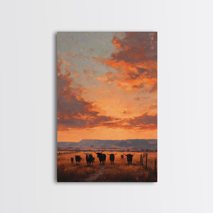 Rustic Western Sunset Landscape Painting With Longhorn Cows Framed Canvas Print For Country Home Decor And Farmhouse Wall Art