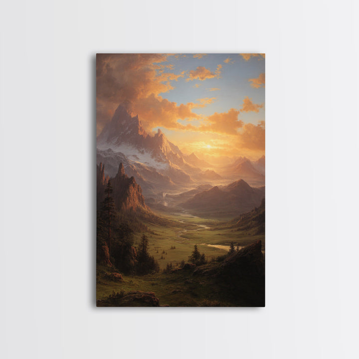 Romantic Mountain Valley Landscape Painting At Sunset Wall Art Print For Living Room Decor Framed Canvas Print Nature Home Decor