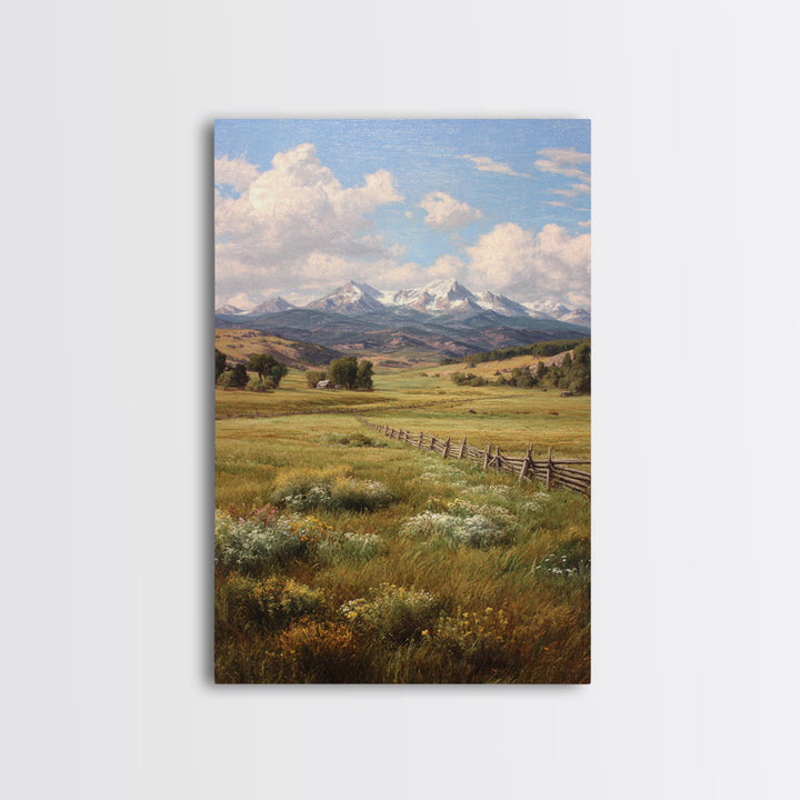Classic Mountain Landscape With Meadow And River Oil Painting Wall Art Canvas Print For Traditional Rustic Living Room Decor