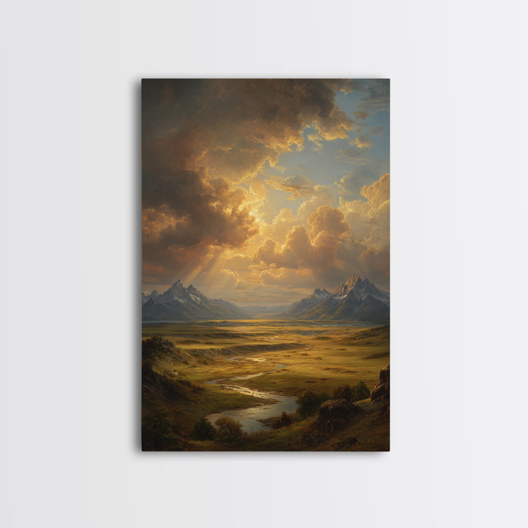 Sunlight Rays Breaking Through Cloudy Sky Over Vast Mountain Valley Framed Canvas Print For Nature Lovers