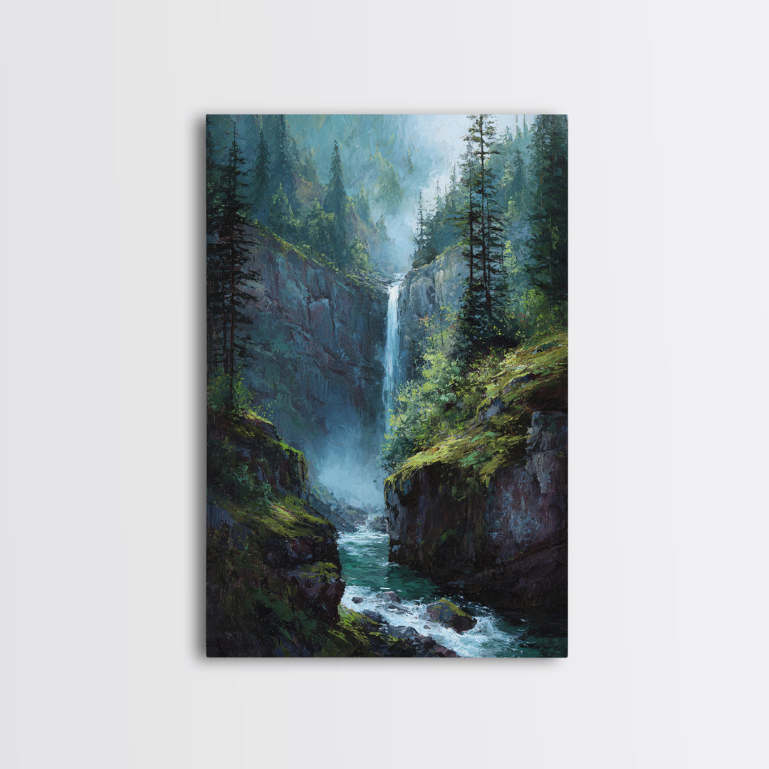 Beautiful Waterfall In Lush Forest Canvas Print, Serene Landscape Wall Art, Nature Inspired Modern Home Decor