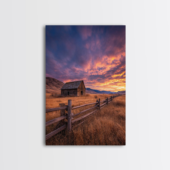Tranquil Mountain Cabin And Boat By Lake Landscape Oil Painting - Framed Canvas Print Rustic Wall Art For Home Decor