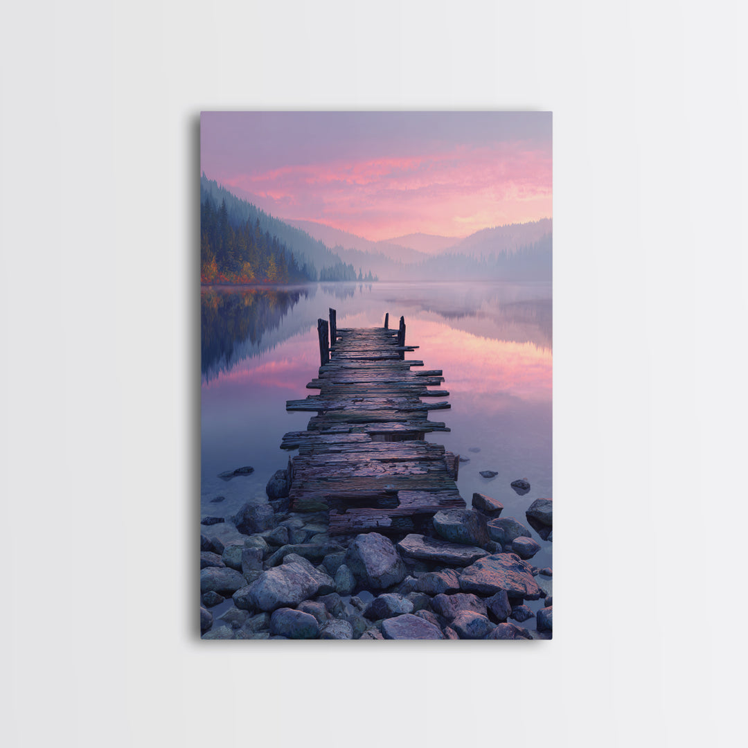 Peaceful Lakeside Dock Sunset Landscape Wall Art Canvas Print Serene Nature Wall Decor