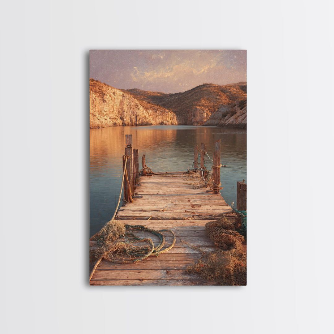 Rustic Wooden Pier Lake Scenic Painting Wall Art Print For Living Room Decor And Nature Inspired Canvas Print