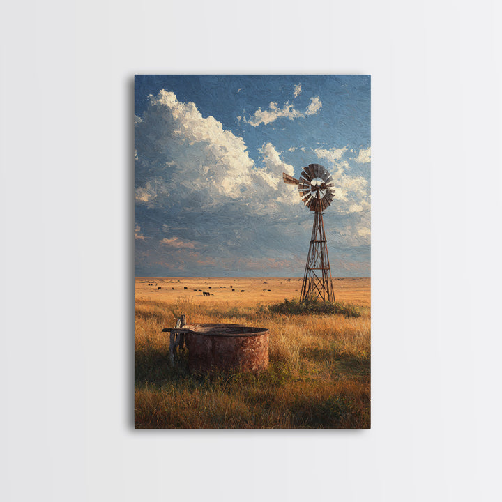 Rustic Windmill Landscape With Golden Fields Under Cloudy Sky - Large Wall Art Canvas Print Rustic Home Decor