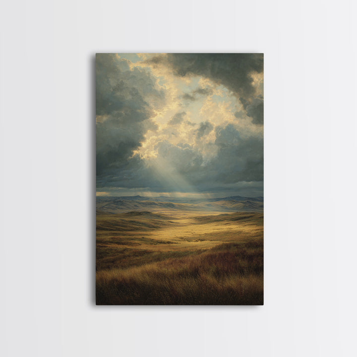 Magnificent Sunbeam Over Vast Meadow Landscape Painting Wall Art Large Canvas Print For Rustic And Farmhouse Decor