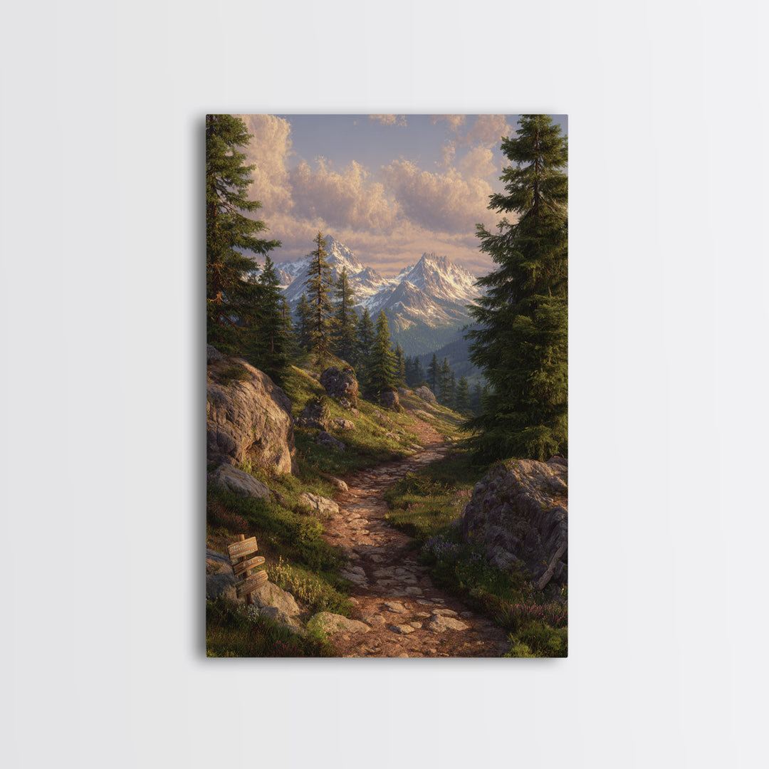 Cozy Sunrise Mountain Trail Landscape Canvas Print Rustic Wall Art With Sunlit Pines And Rocks For Cabin Or Living Room Decor