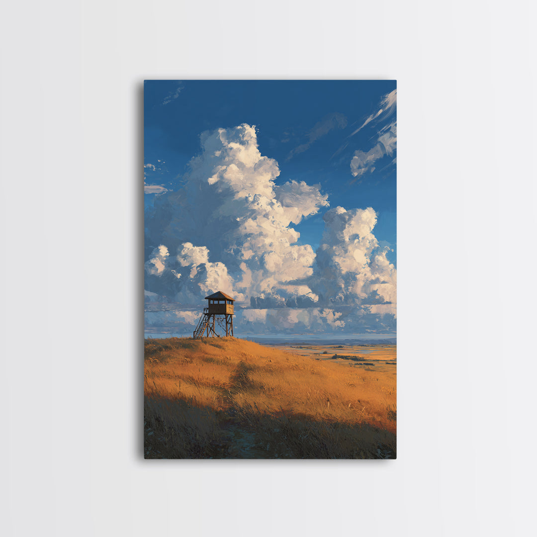 Blue Sky With Clouds Over Rustic Watchtower In Field Landscape Wall Art Original Canvas Print