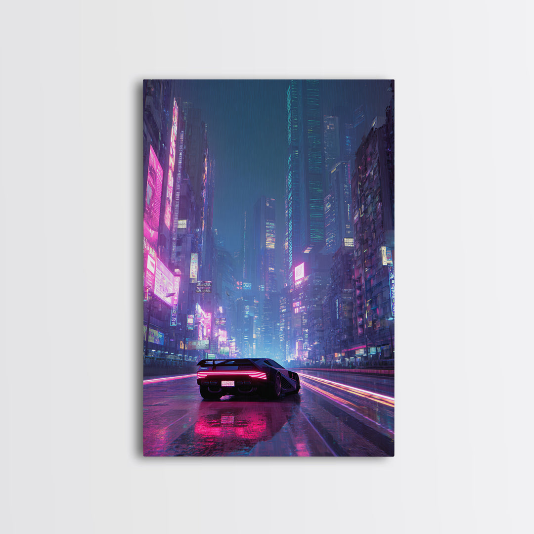 Futuristic Cyberpunk Car Racing Through Neon Lit Rainy City Streets Canvas Print For Trendy Wall Art