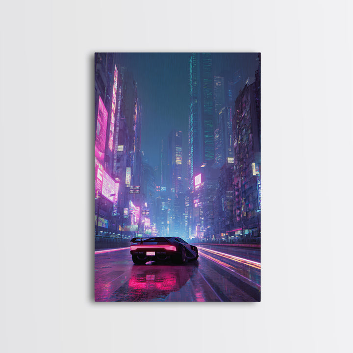 Futuristic Cyberpunk Car Racing Through Neon Lit Rainy City Streets Canvas Print For Trendy Wall Art