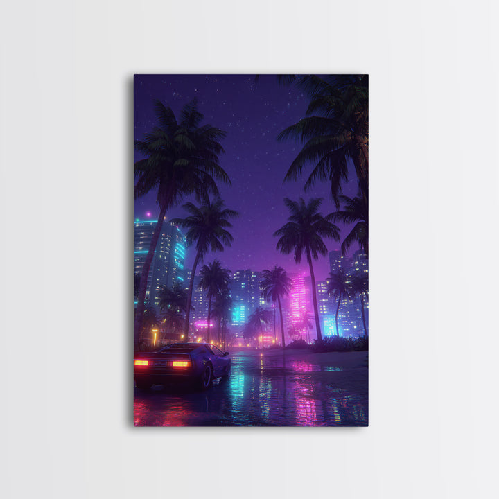 Neon Cityscape With Palm Trees And Retro Sports Car Large Wall Art Framed Canvas Print Vibrant Modern Home Decor