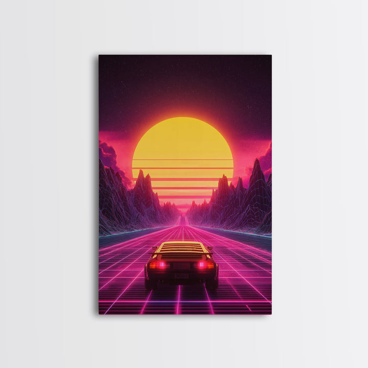 Retro Futuristic Neon Sunset Landscape With Car Driving On Road Wall Art Canvas Print Modern Home Decor For Living Room